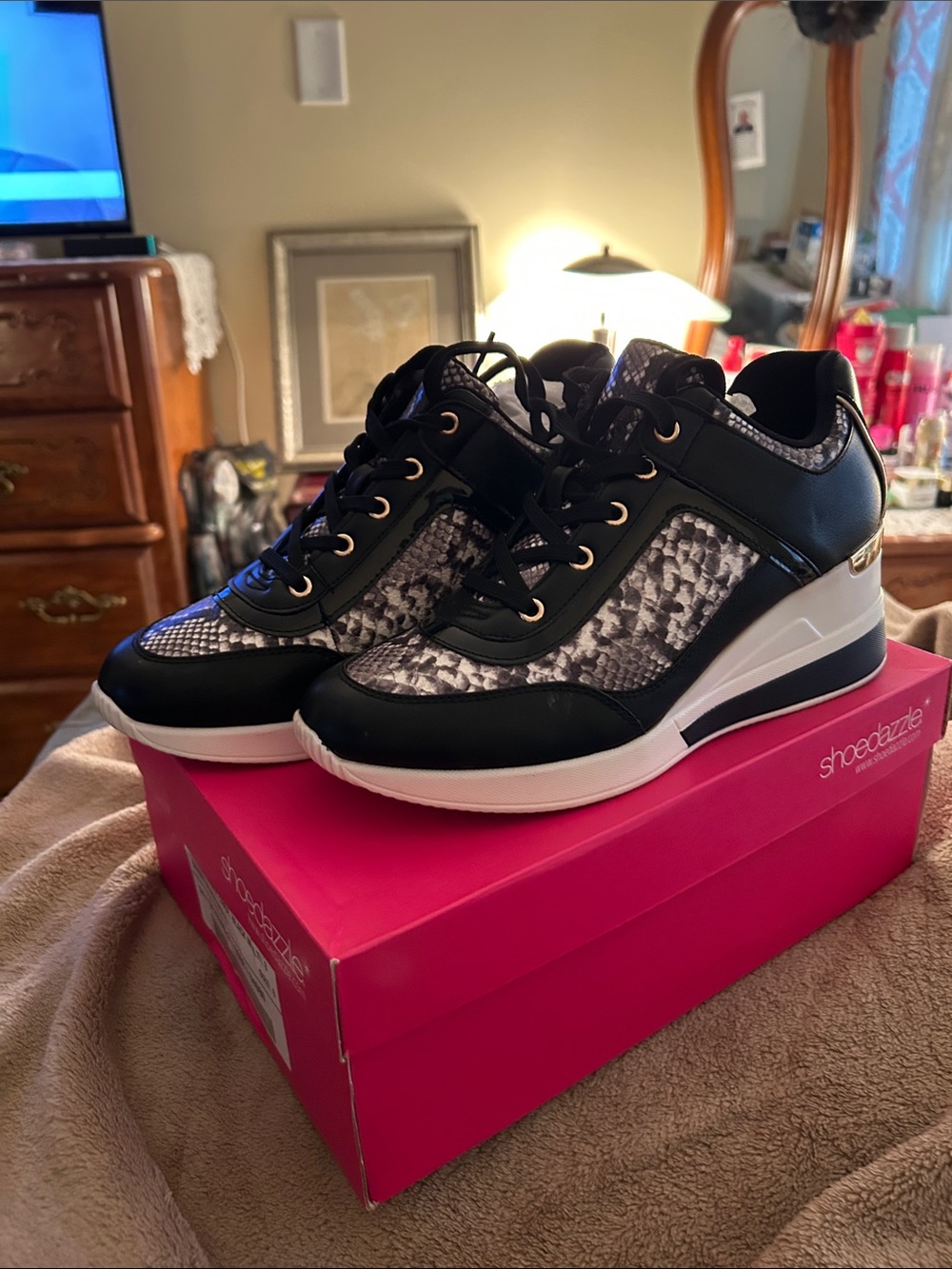 Shoe Dazzle Black and White Snake-Print Wedge Sneakers
